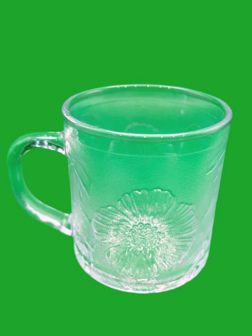 KIG Indonesia Clear Glass Hibiscus & Tropical Leaf Mugs | Vtg Press Glass Set\11
